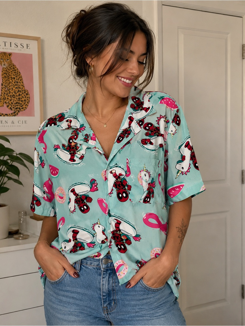 Marvel Deadpool Unicorn Button Up Shirt Women’s Size S/M Aqua Blue Cute Print